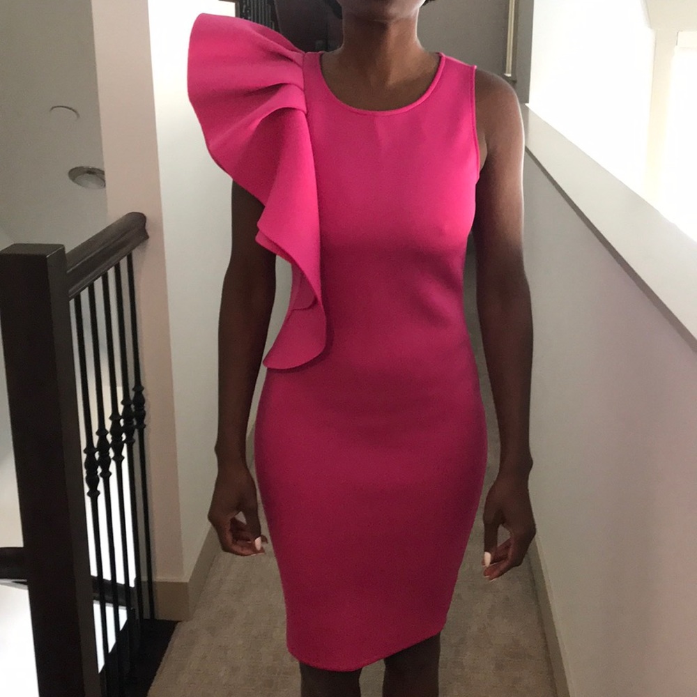 Fuchsia One-Shoulder Ruffle Dress